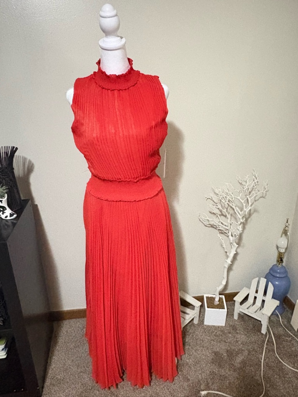 Sleeveless Pleated Maxi Dress in Bright Red